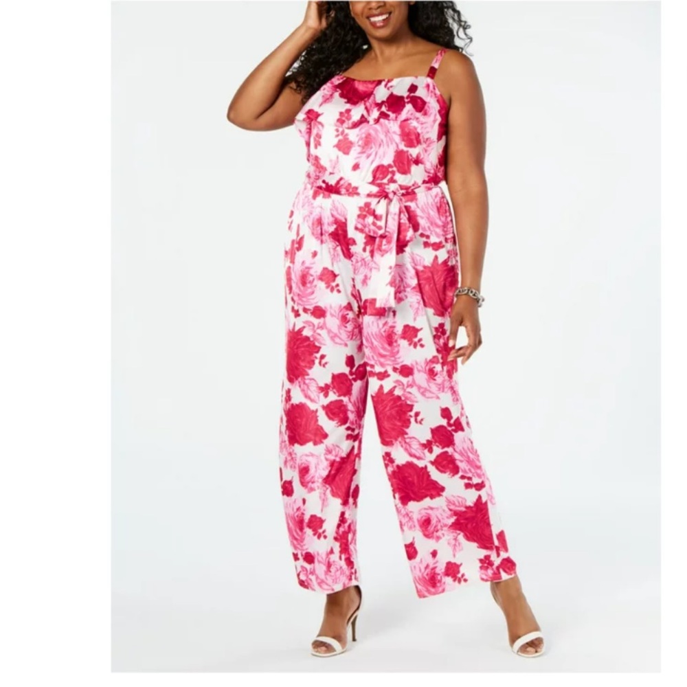 BETSEY JOHNSON Womens Pink Floral Sleeveless Square Neck Wide Leg Jumpsuit 18W